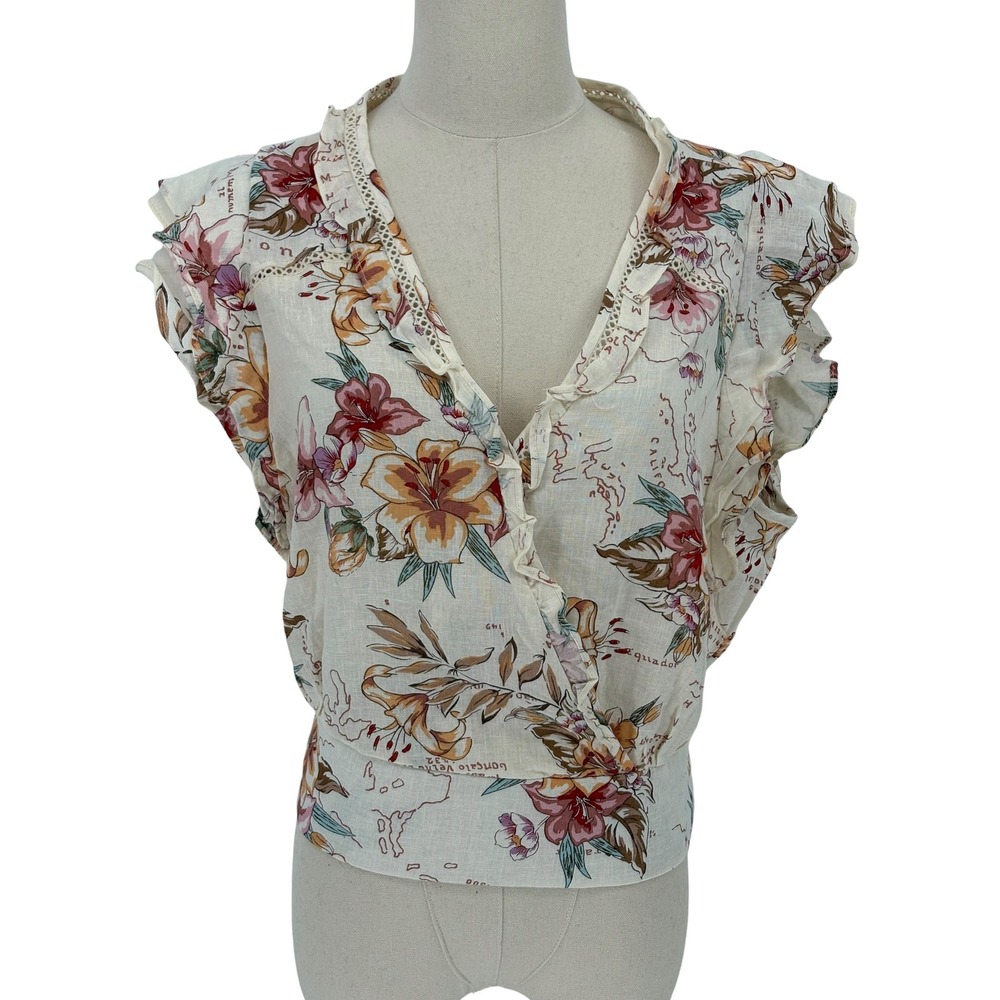 Calypso St Barth Floral Map Wrap Top Ruffle Linen Blend Cream Large